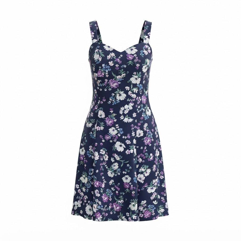 Rochie dama scurta albastru inchis cu flori albe si mov croiala clos si bretele. Rochie dama scurta albastru inchis cu flori albe si mov croiala clos si bretele.