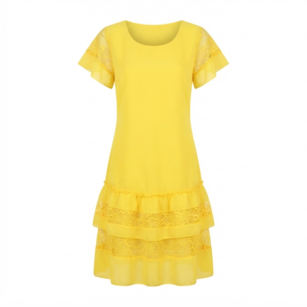 Rochie galbena scurta cu dantela si volane Rochie galbena scurta cu dantela si volane