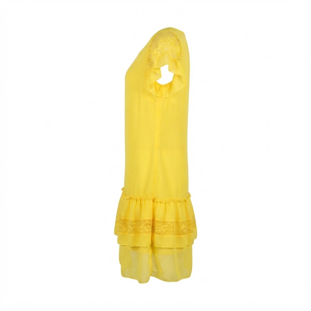 Rochie galbena scurta cu dantela si volane