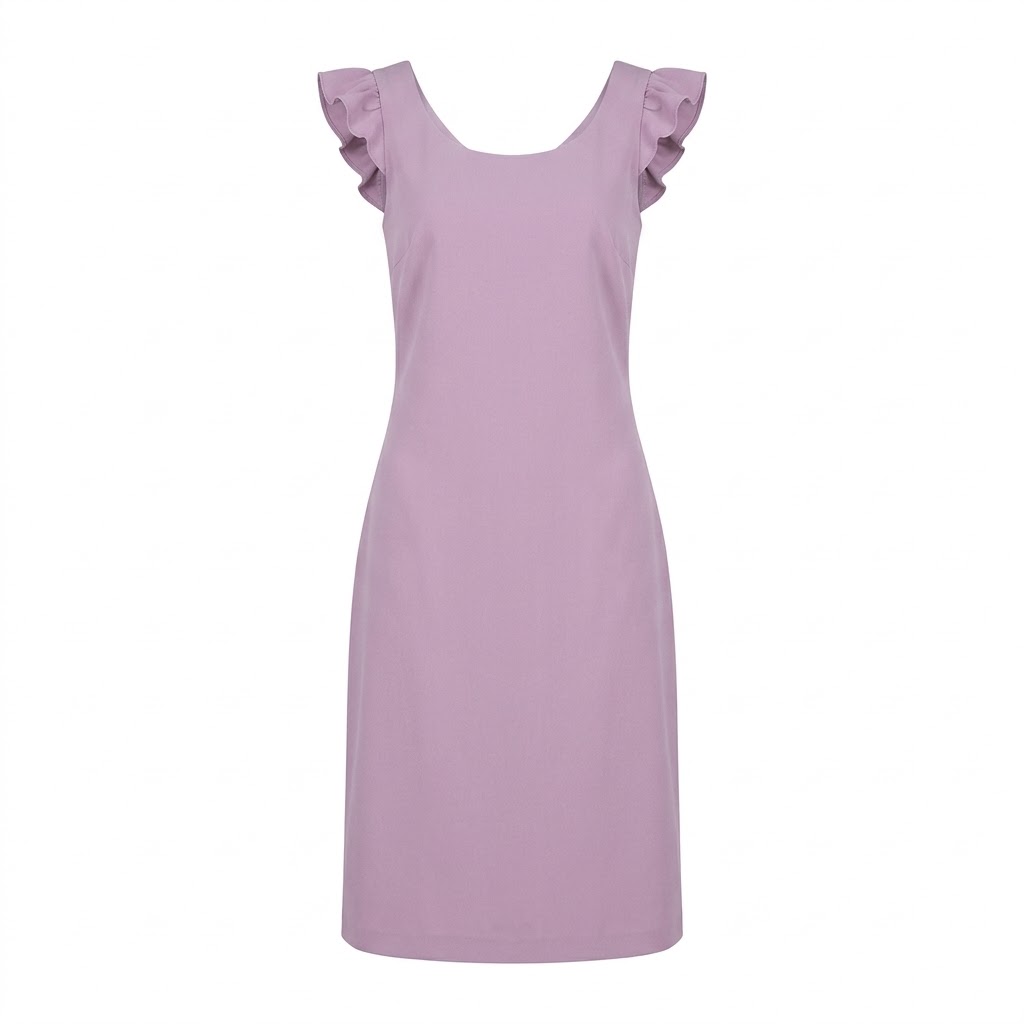 Rochie midi mov de dama cu volane pe umeri pe fundal alb Rochie midi mov de dama cu volane pe umeri pe fundal alb