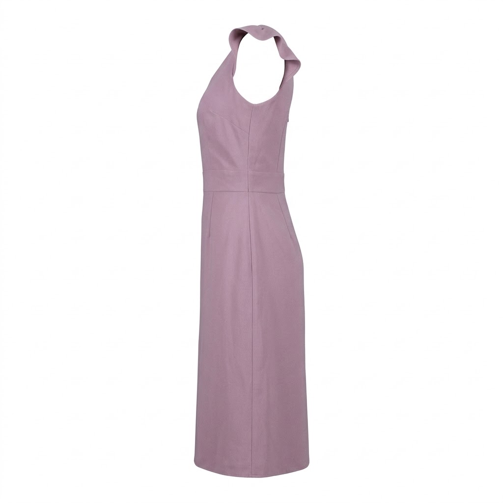 Rochie midi mov de dama cu volane pe umeri pe fundal alb