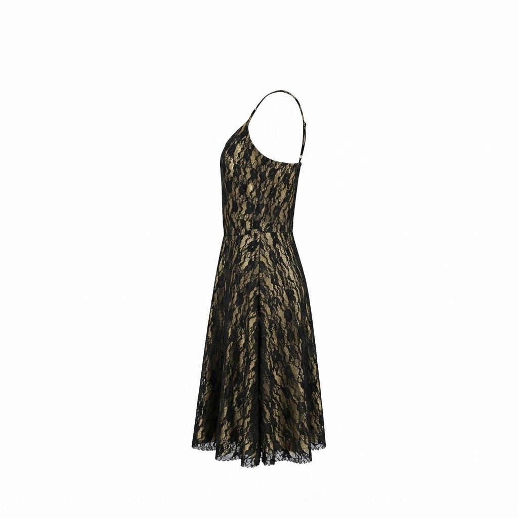 Rochie midi eleganta din dantela neagra cu imprimeu auriu