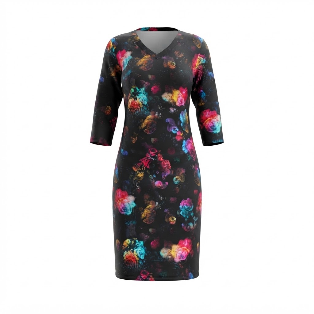 Rochie neagra dama print floral multicolor maneci trei sferturi Rochie neagra dama print floral multicolor maneci trei sferturi