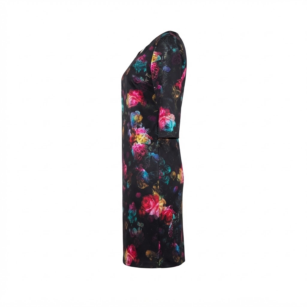 Rochie neagra dama print floral multicolor maneci trei sferturi