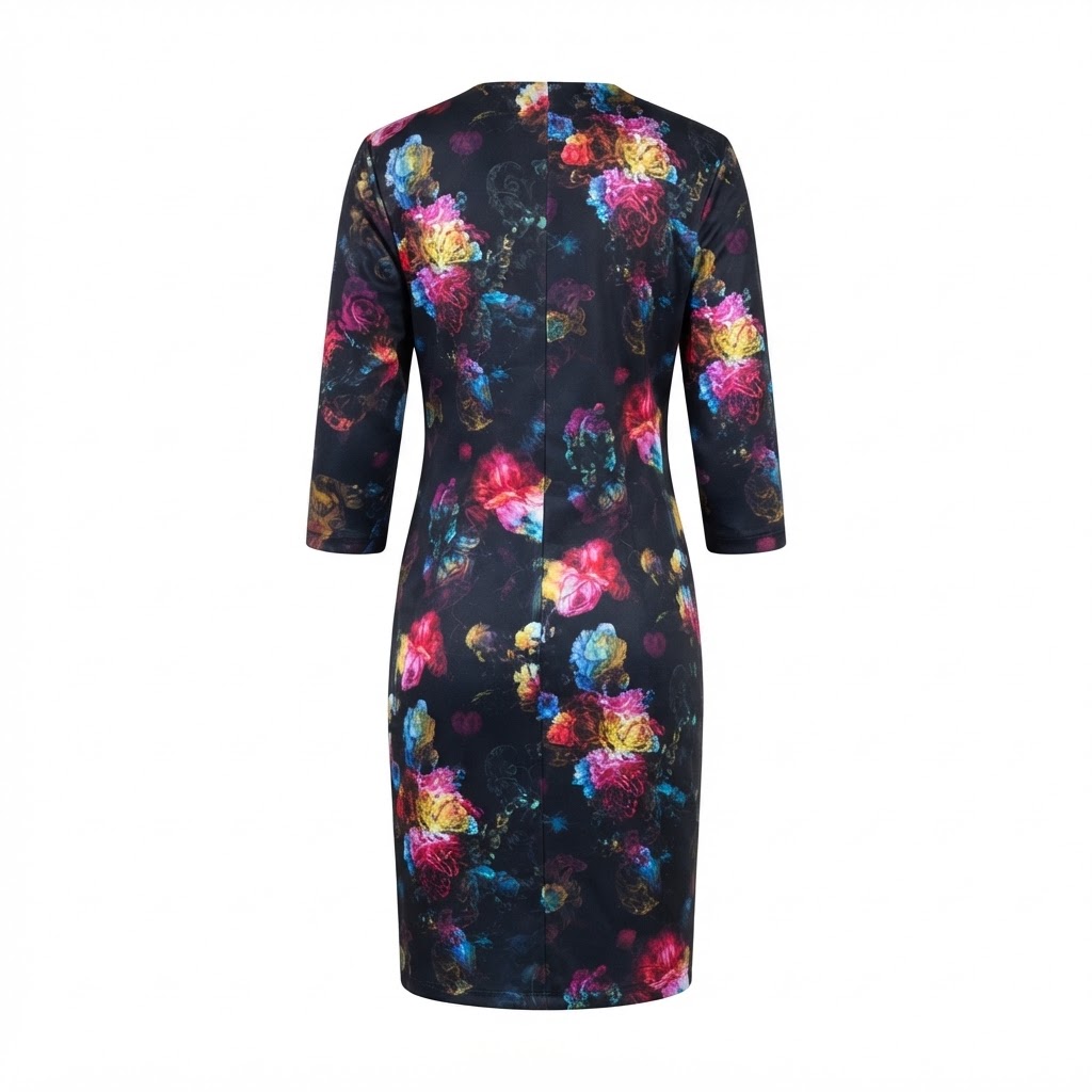 Rochie neagra dama print floral multicolor maneci trei sferturi