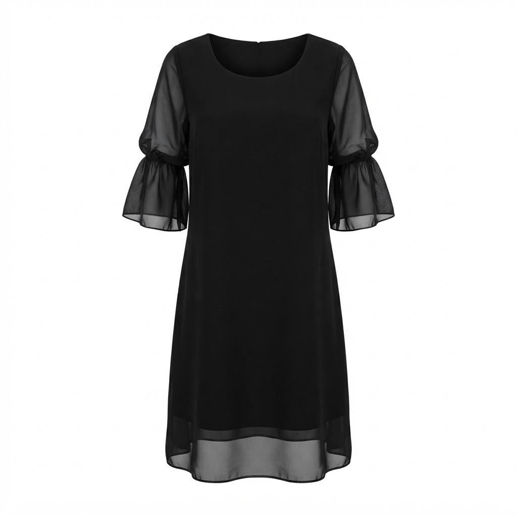 Rochie neagra scurta de dama cu maneci din voal si volane. Rochie neagra scurta de dama cu maneci din voal si volane.