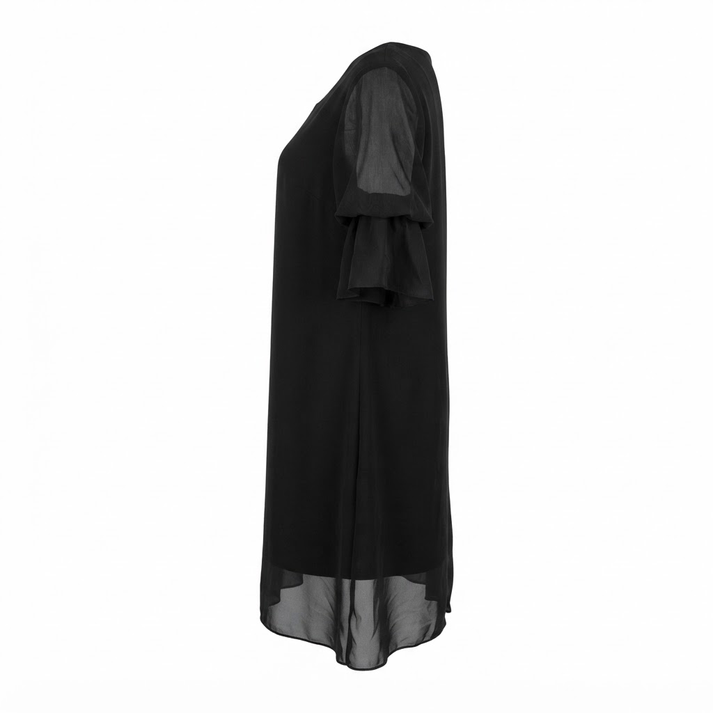 Rochie neagra scurta de dama cu maneci din voal si volane.