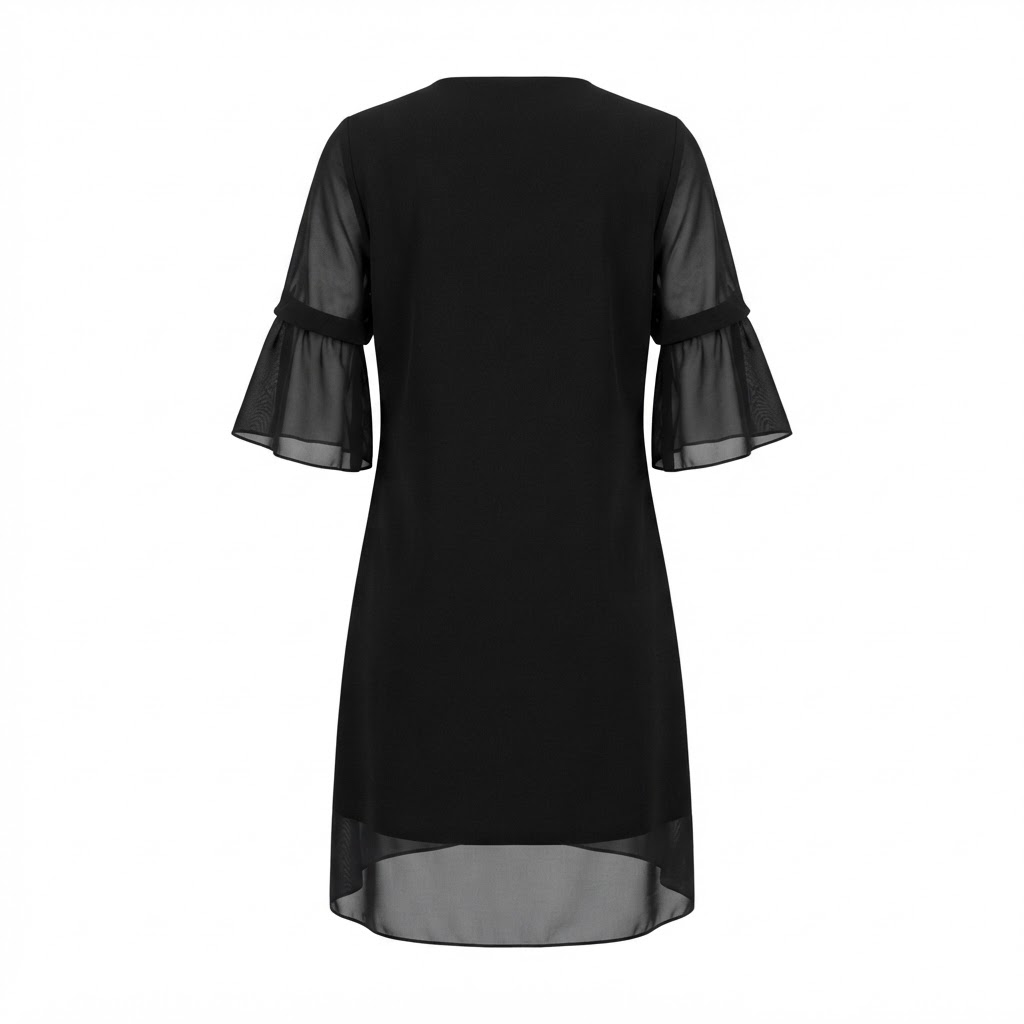 Rochie neagra scurta de dama cu maneci din voal si volane.