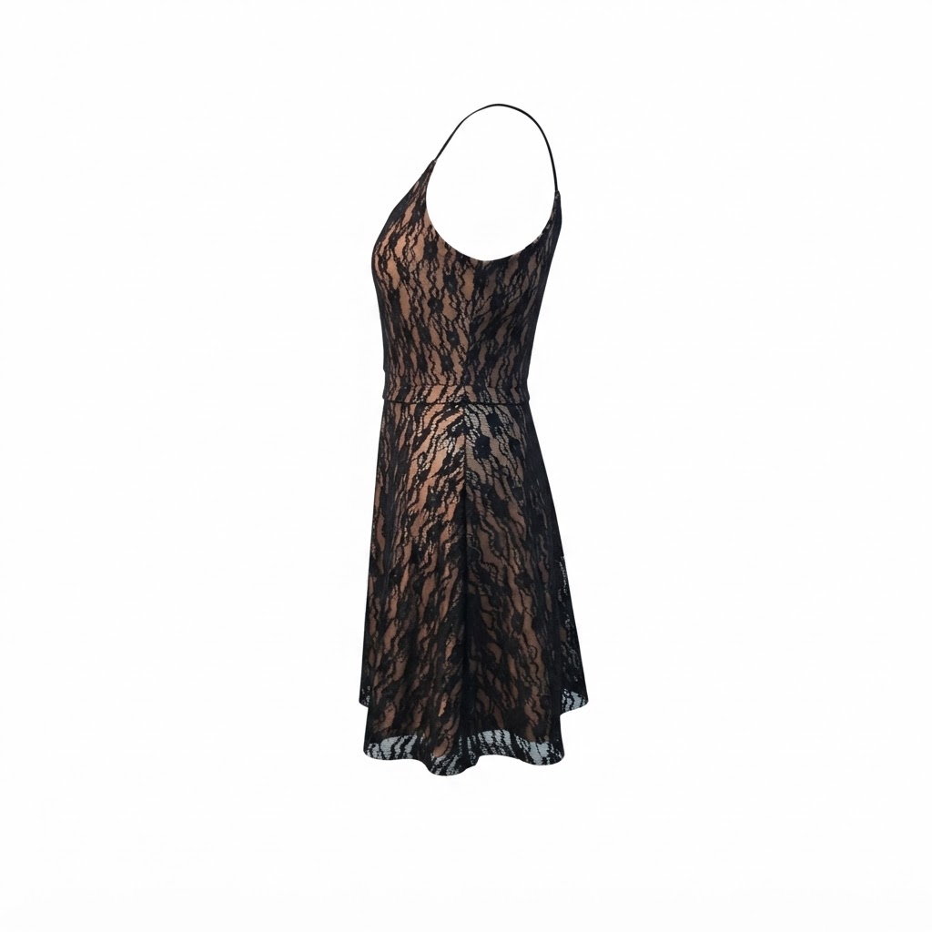 Rochie midi neagra din dantela cu bretele subtiri si croiala evazata