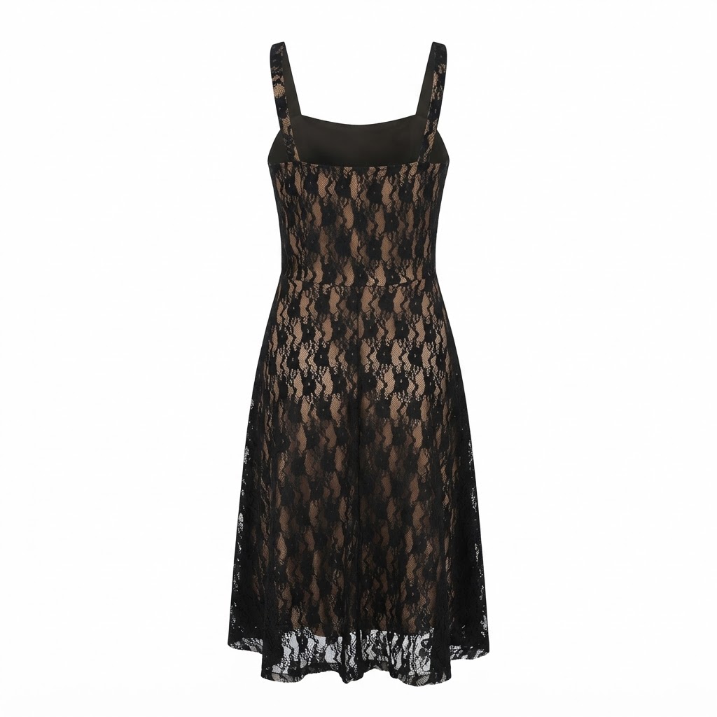 Rochie midi neagra din dantela cu bretele subtiri si croiala evazata