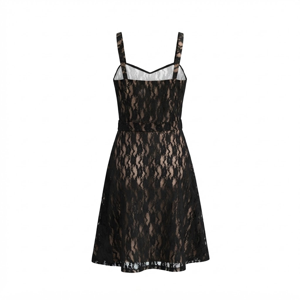 Rochie neagra scurta din dantela cu bretele subtiri