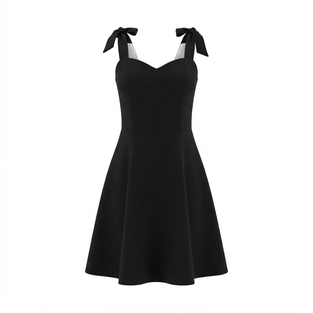 Rochie neagra scurta de dama cu bretele cu funda si fusta clos Rochie neagra scurta de dama cu bretele cu funda si fusta clos