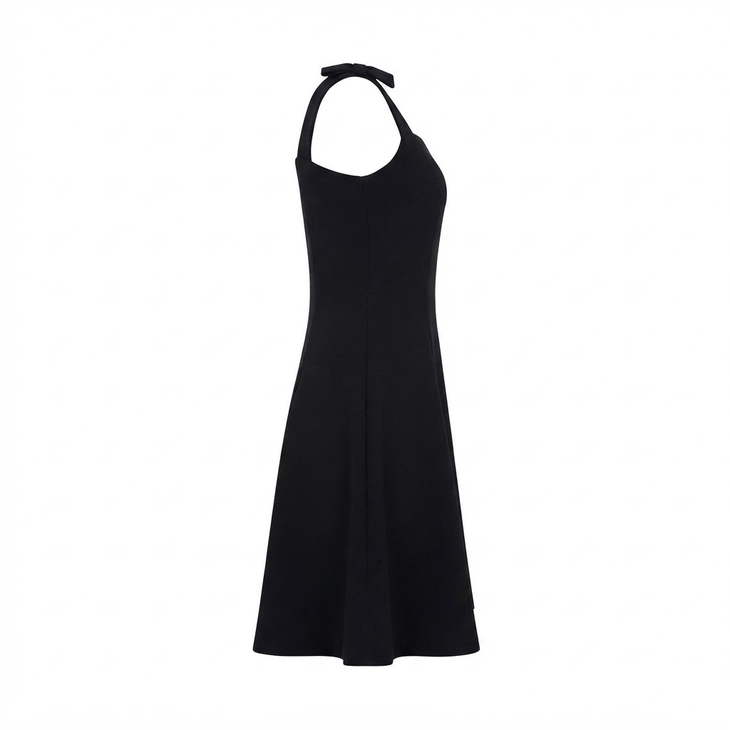 Rochie neagra scurta de dama cu bretele cu funda si fusta clos