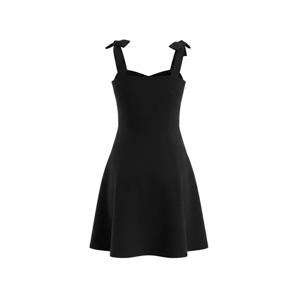 Rochie neagra scurta de dama cu bretele cu funda si fusta clos
