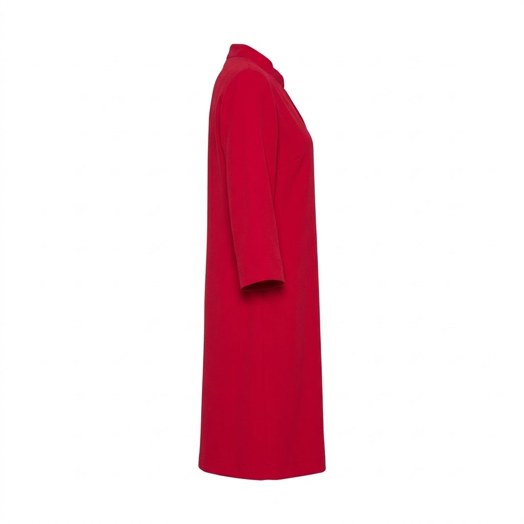 Rochie rosie de dama cu maneci trei sferturi si decupaj la guler