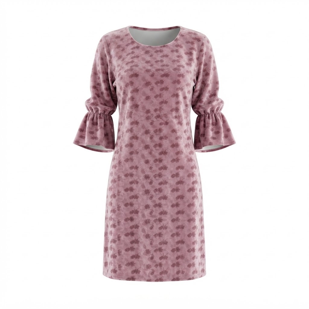 Rochie dama roz catifelata cu imprimeu floral si maneci evazate Rochie dama roz catifelata cu imprimeu floral si maneci evazate