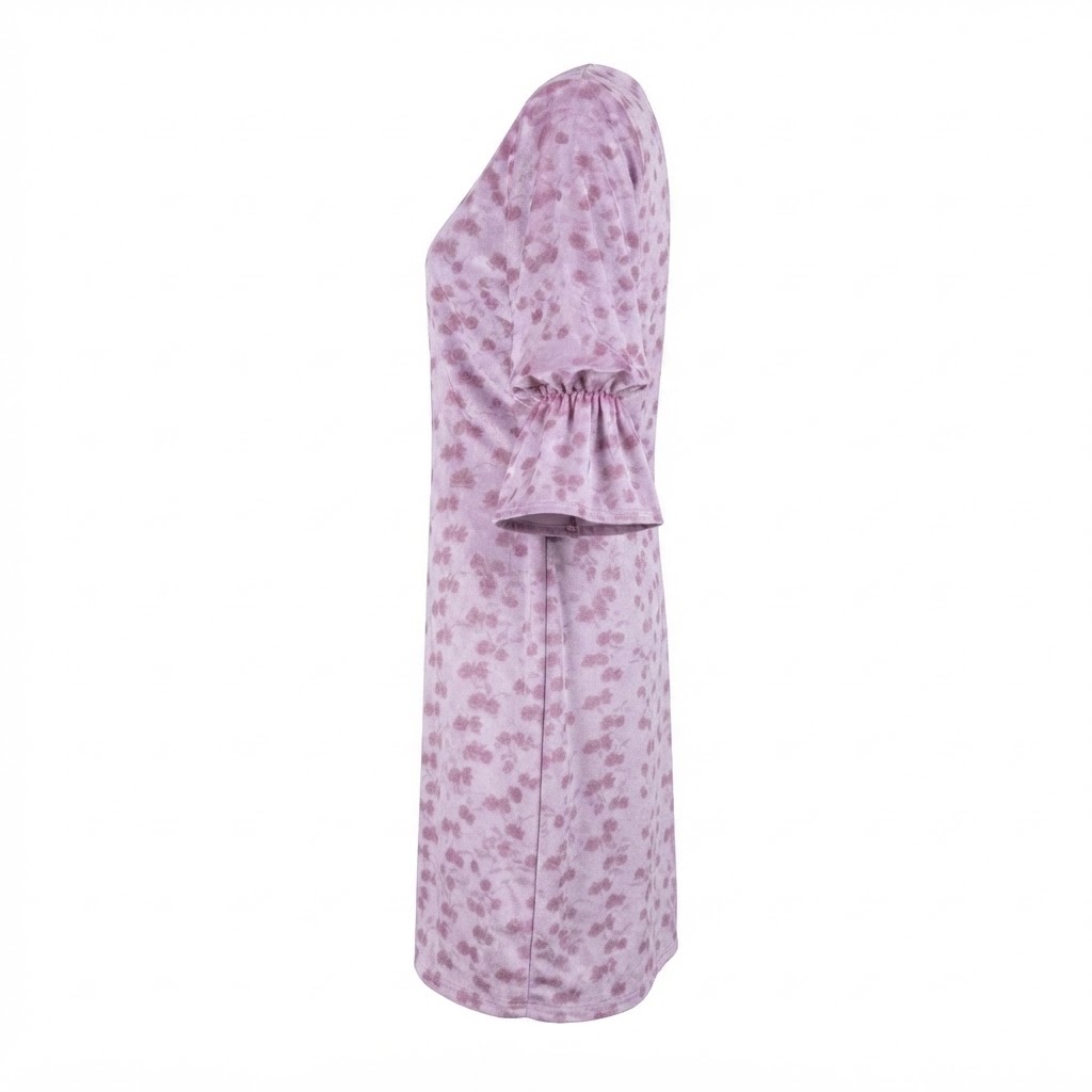 Rochie dama roz catifelata cu imprimeu floral si maneci evazate