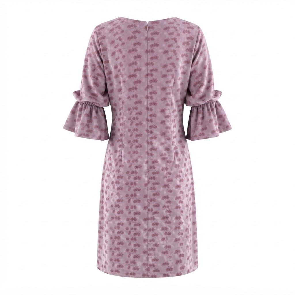 Rochie dama roz catifelata cu imprimeu floral si maneci evazate