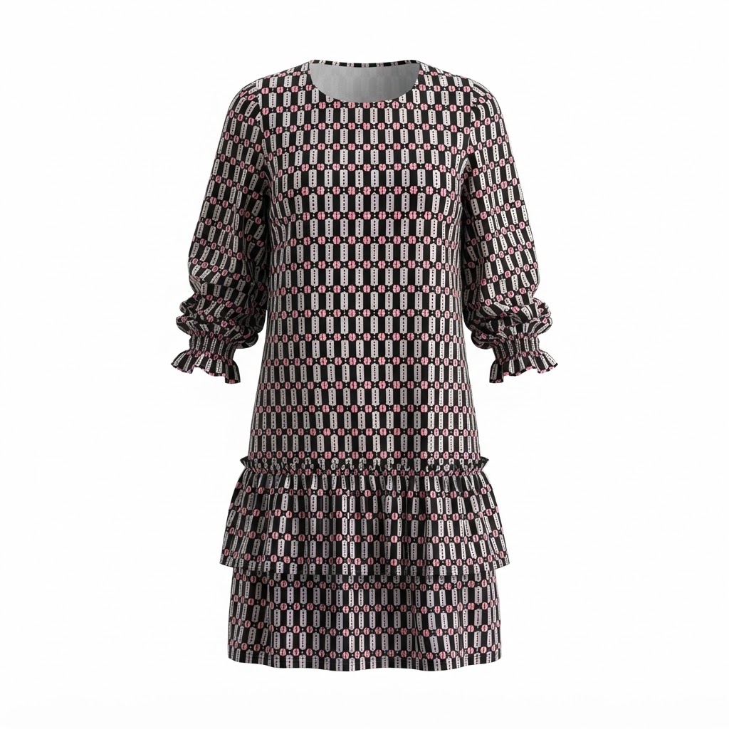 Rochie scurta de dama cu imprimeu geometric si maneci lungi bufante. Rochie scurta de dama cu imprimeu geometric si maneci lungi bufante.