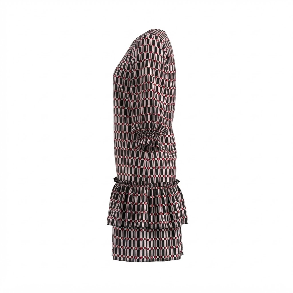 Rochie scurta de dama cu imprimeu geometric si maneci lungi bufante.