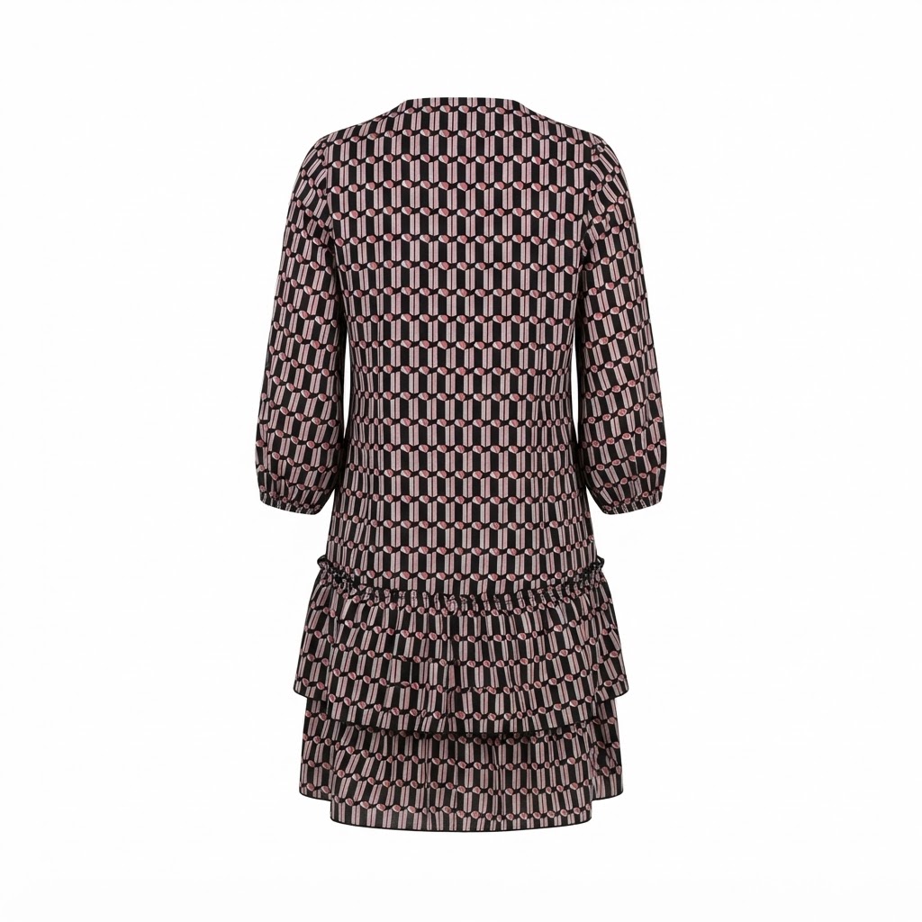 Rochie scurta de dama cu imprimeu geometric si maneci lungi bufante.