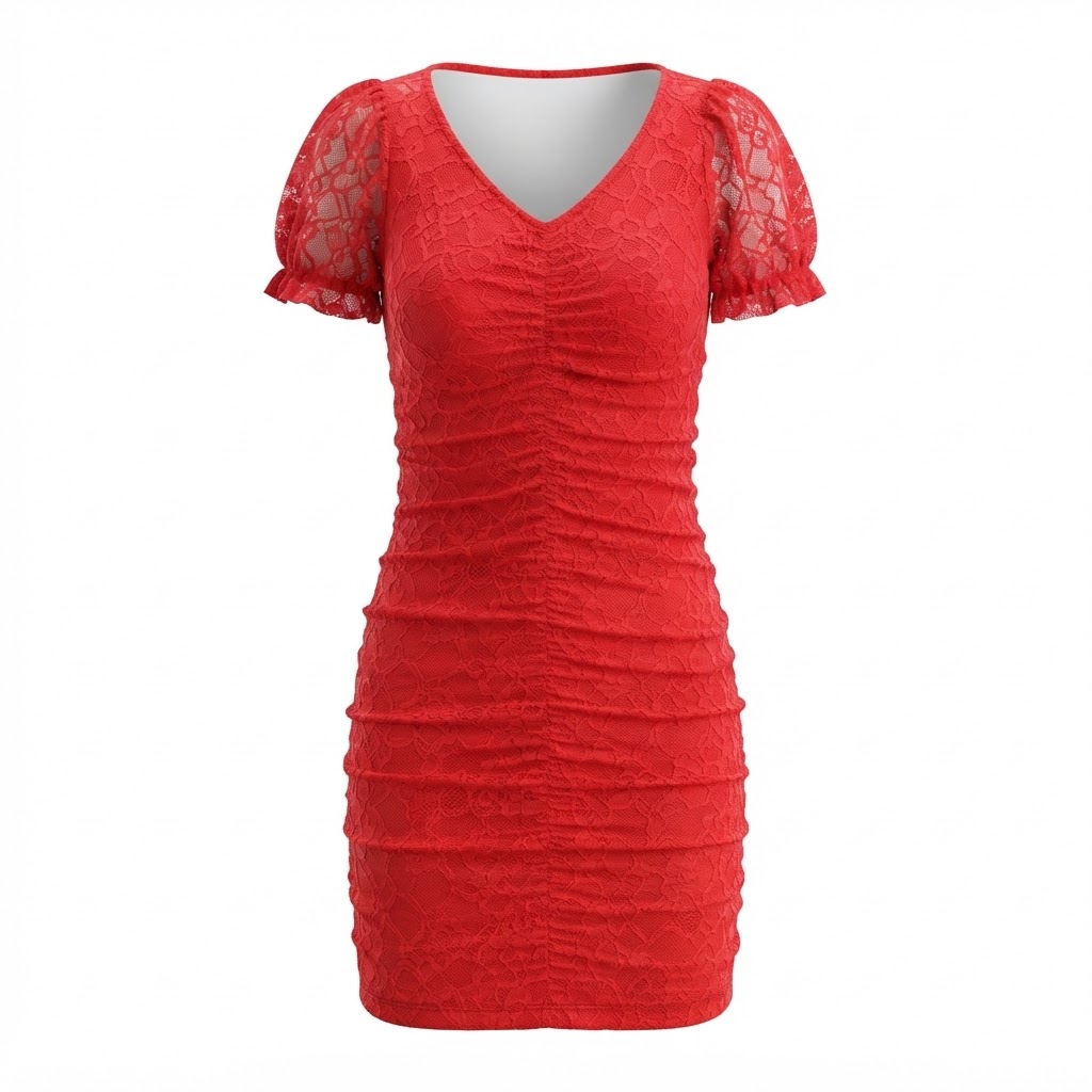 Rochie scurta de dama rosie din dantela cu maneci scurte bufante Rochie scurta de dama rosie din dantela cu maneci scurte bufante