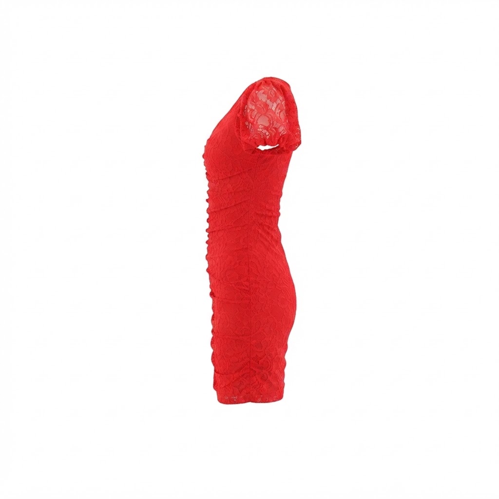 Rochie scurta de dama rosie din dantela cu maneci scurte bufante
