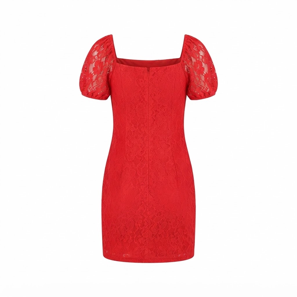 Rochie scurta de dama rosie din dantela cu maneci scurte bufante