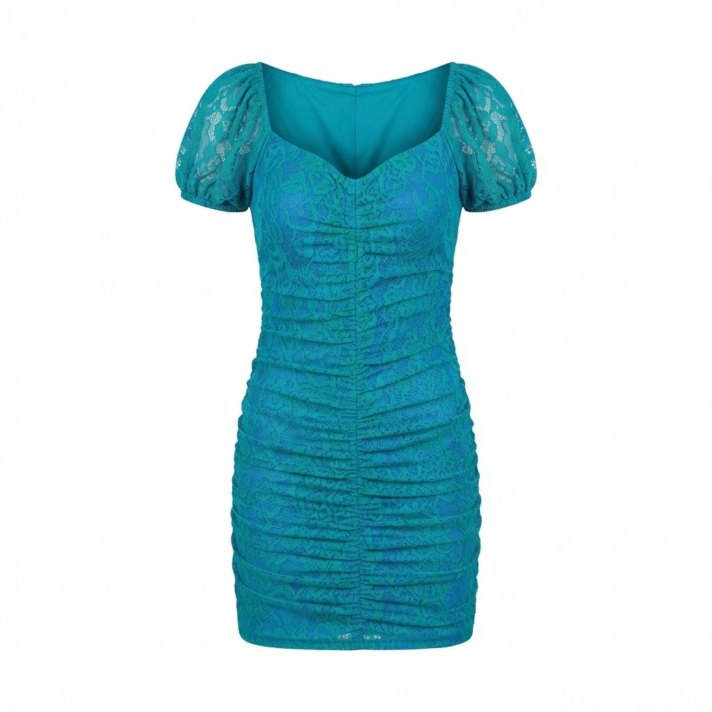 Rochie scurta turcoaz din dantela cu maneci bufante si croiala mulata incretita Rochie scurta turcoaz din dantela cu maneci bufante si croiala mulata incretita