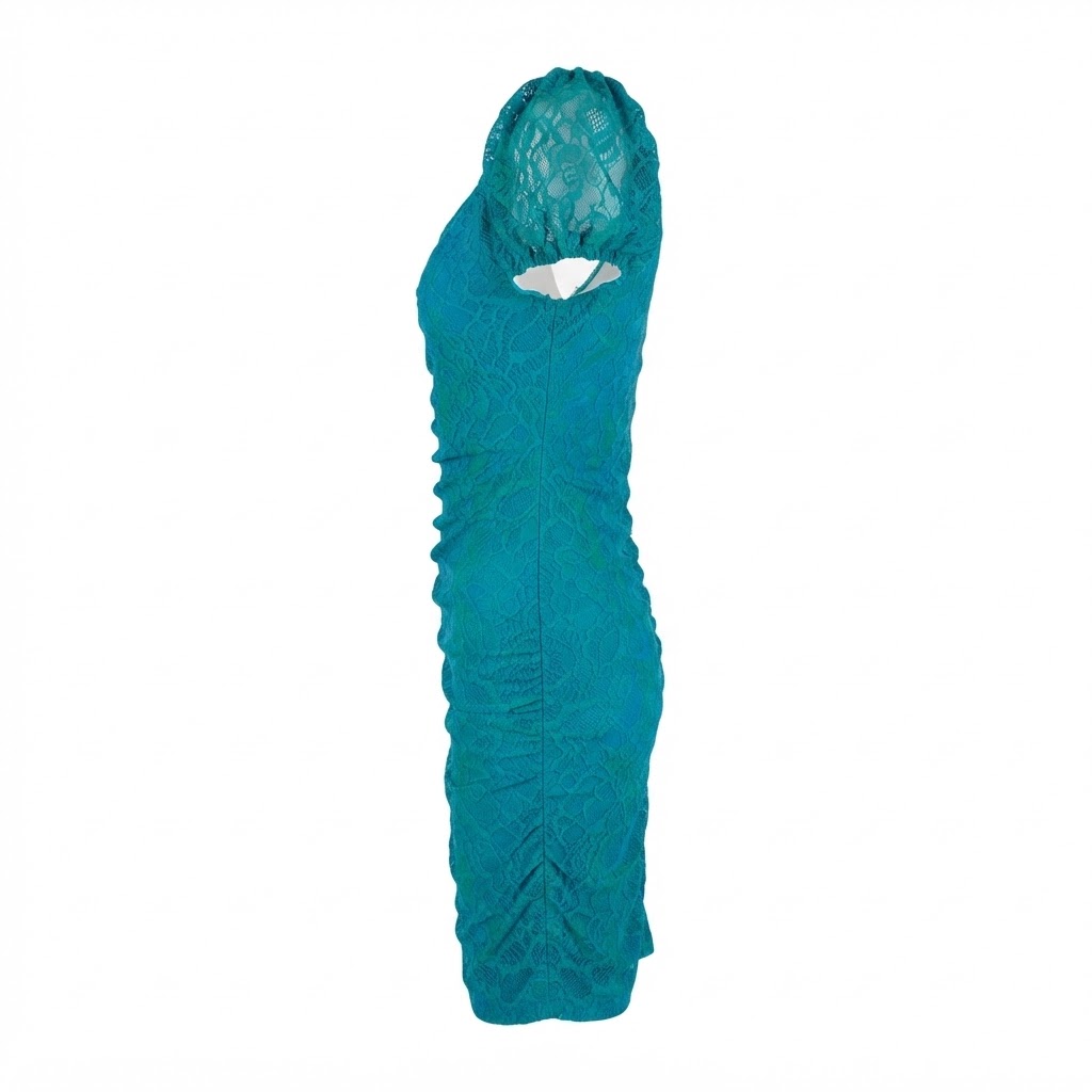 Rochie scurta turcoaz din dantela cu maneci bufante si croiala mulata incretita