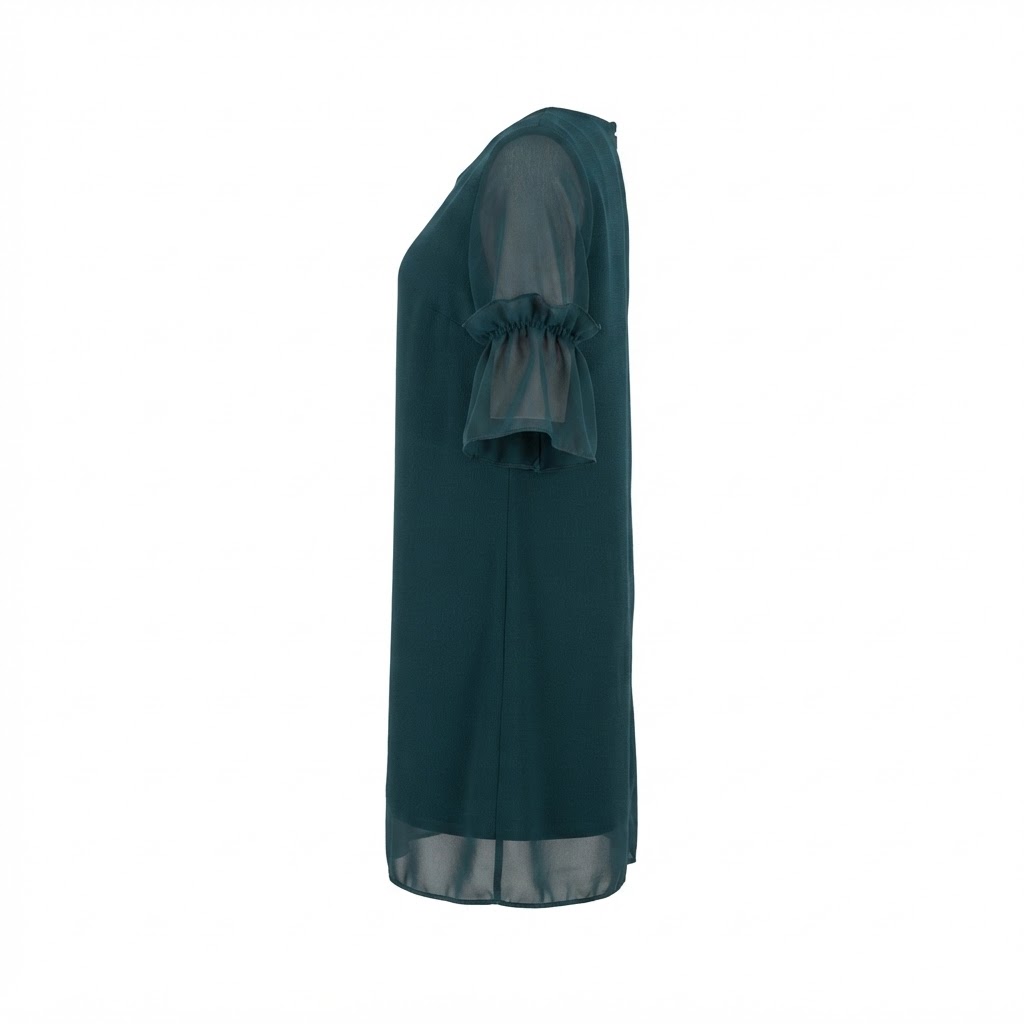 Rochie verde dama din sifon cu maneci evazate si volane straturi