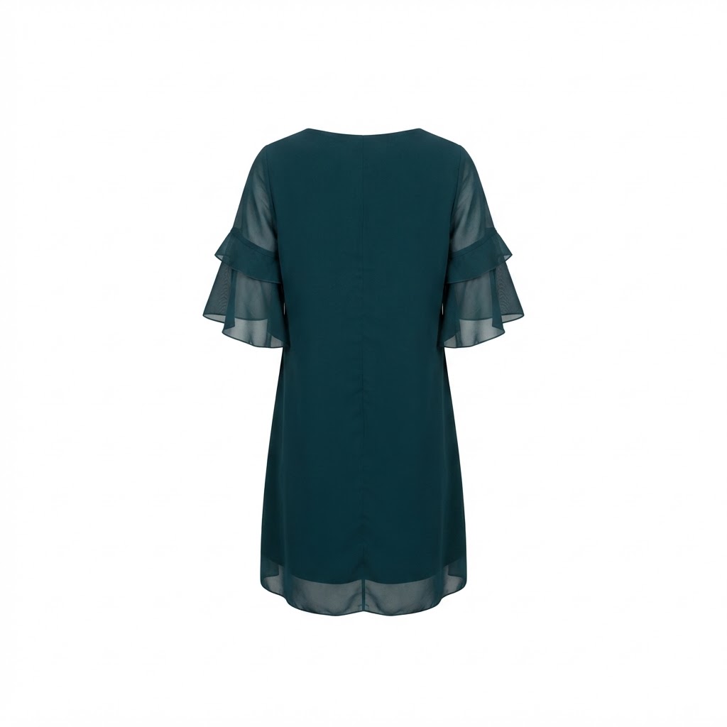 Rochie verde dama din sifon cu maneci evazate si volane straturi