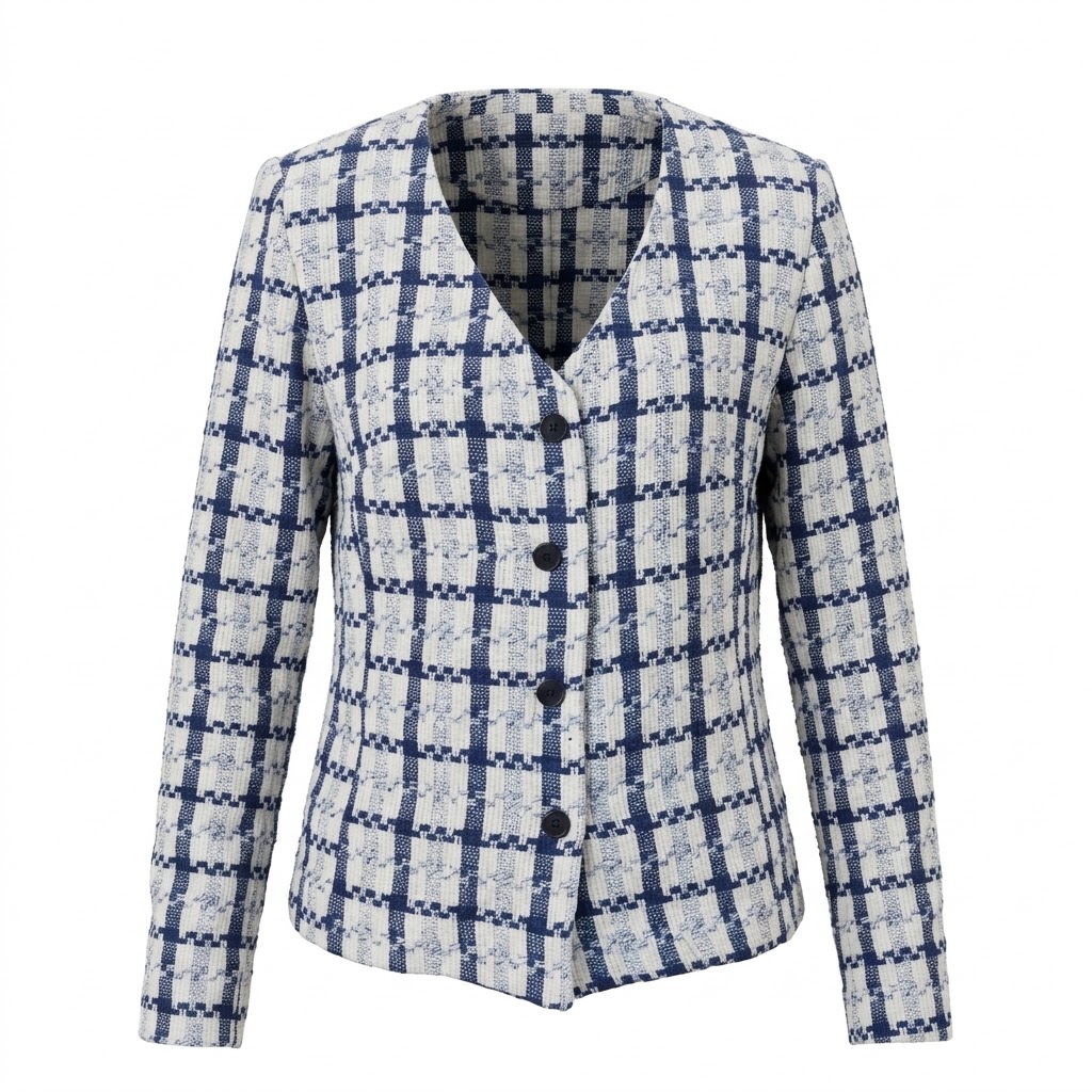 Sacou albastru din bumbac pentru dama cu model in carouri