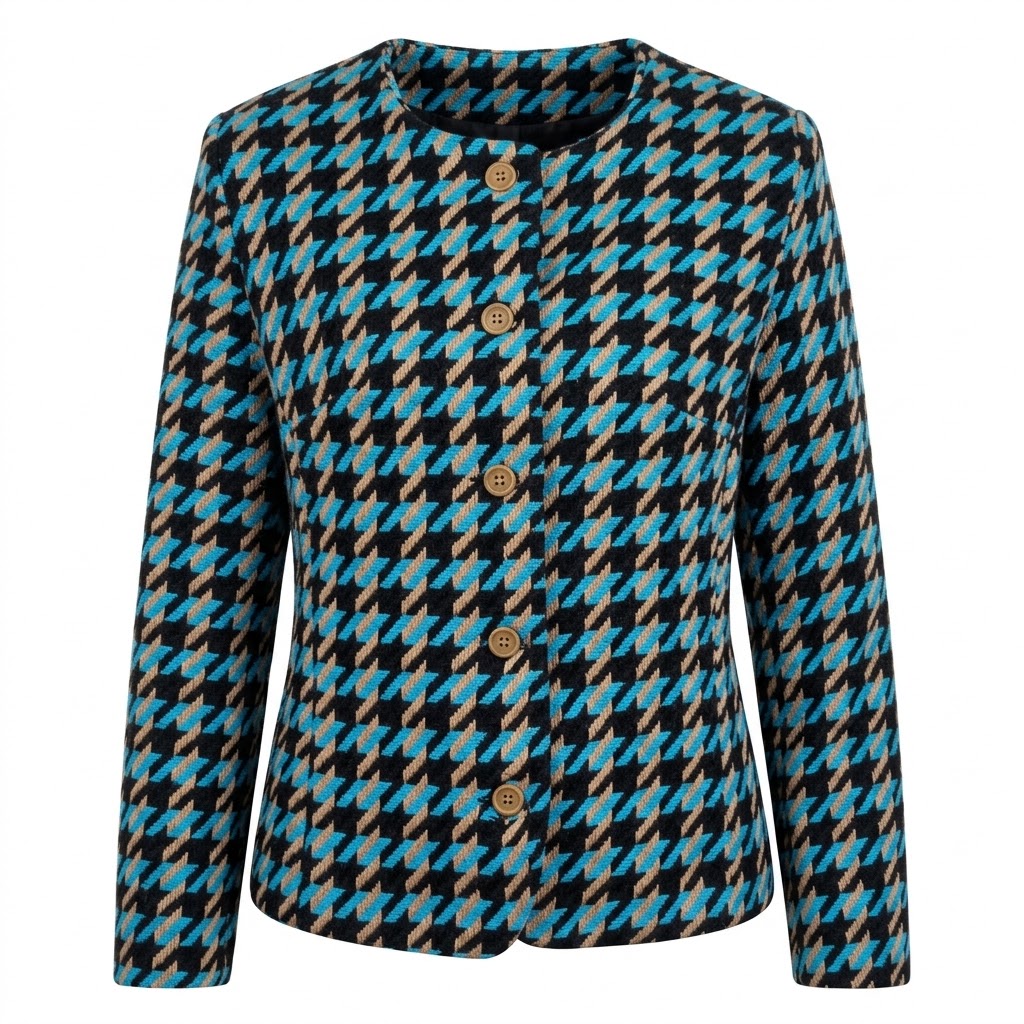 Sacou scurt din lana cu model houndstooth albastru si nasturi