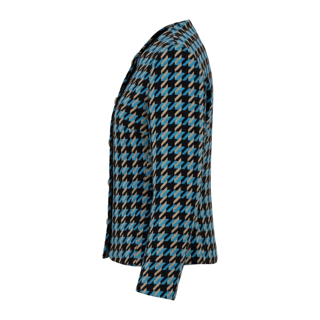 Sacou scurt din lana cu model houndstooth albastru si nasturi