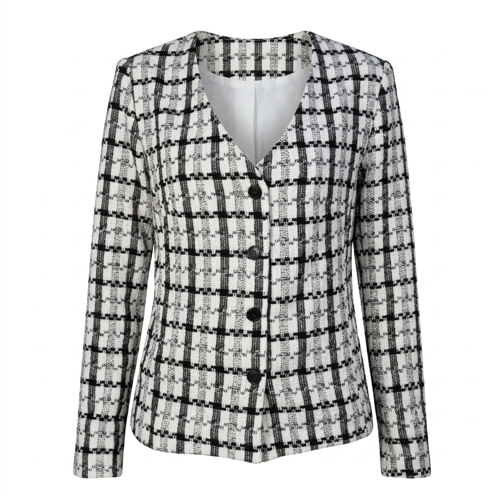 Sacou scurt din tweed bicolor pentru femei cu nasturi negri