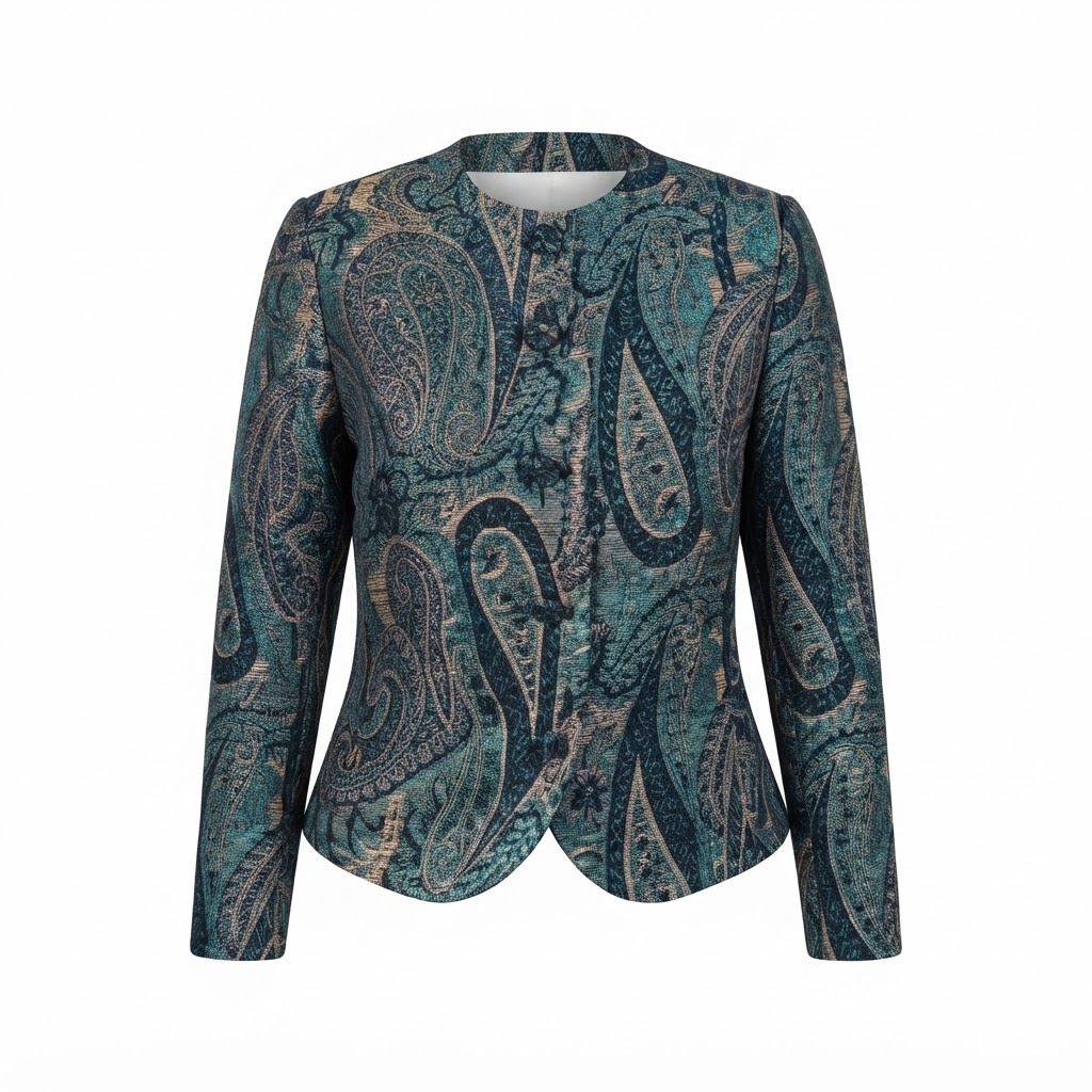 Sacou scurt damă din material jacard cu imprimeu paisley multicolor